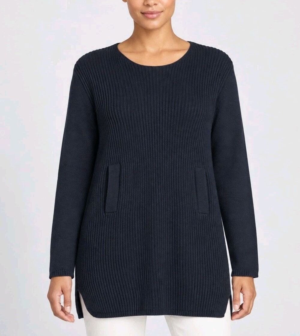 Max Mara FUOCO Sweater L 100% Virgin Wool Navy Blue Ribbed Tunic Chunky Knit